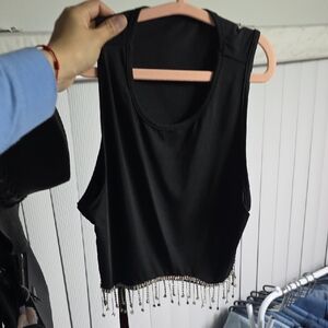 Black Sleeveless Top with Beaded Hem